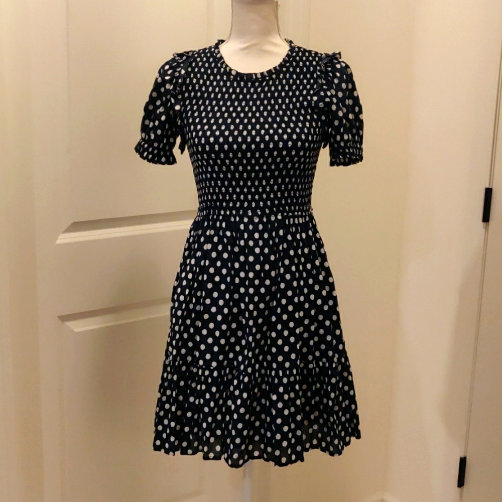 CREWCUTS Girls Size 14 Navy & White Polka Dot Dress Vintage Inspired Cottage Cor